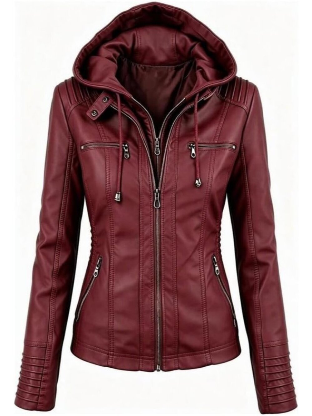 Women's Jujube Red Hooded Faux Leather Long Sleeve Zipper Motorcycle Jacket